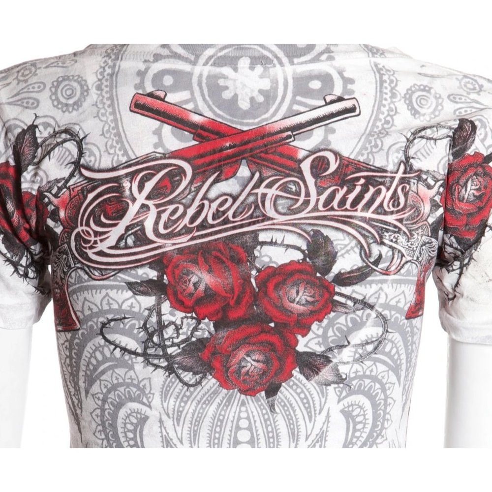 Rebel Saints AFFLICTION Womens T-Shirt SOPHIA Guns Tattoo Biker - Picture 7 of 7